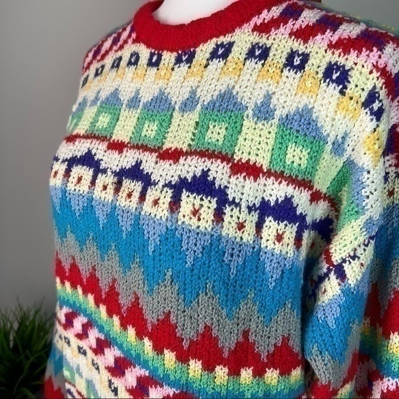 Diane Von Furstenberg Sweater L Multicolor Geometric Knit Pullover Retro Cozy - Picture 6 of 11